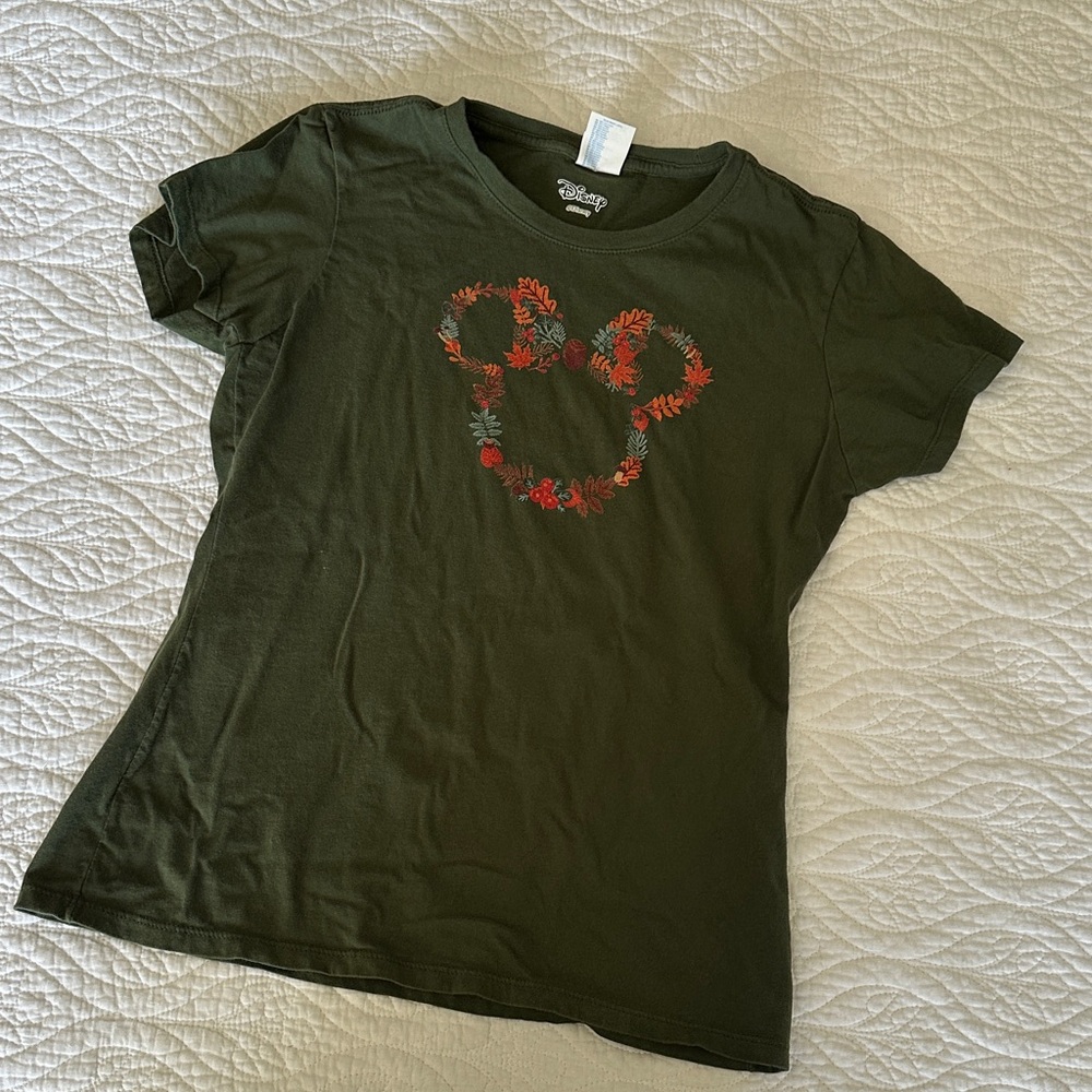 Disney Olive Green T-Shirt with Floral Mickey Design